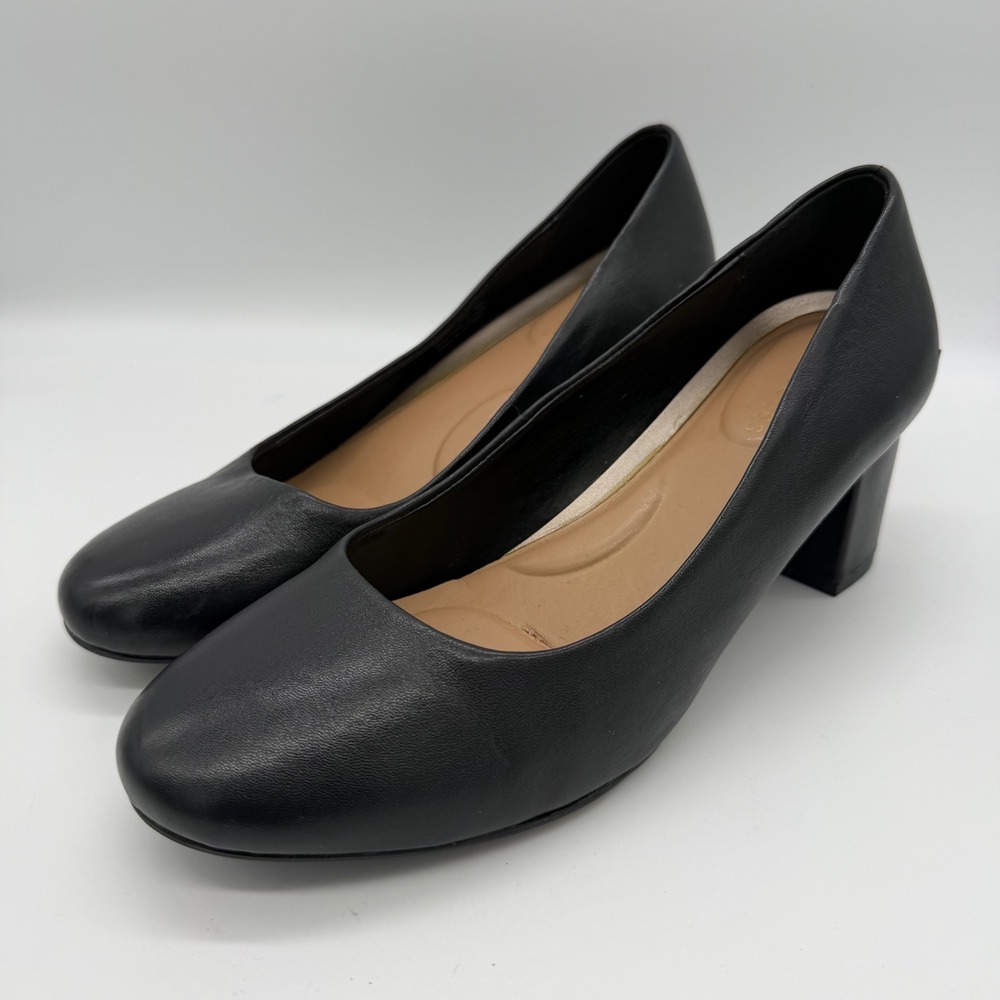 Aerosoles Eye Candy Black Leather Block Heel Pumps 8W Classic Office Minimalist